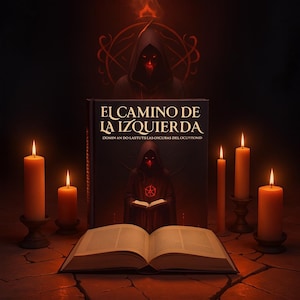May include: An open book with text, surrounded by lit candles and a book titled "EL CAMINO DE LA IZQUIERDA". A hooded figure with a red face is depicted on the book cover and in the background, with a red pentagram symbol. The scene is dark and mysterious.