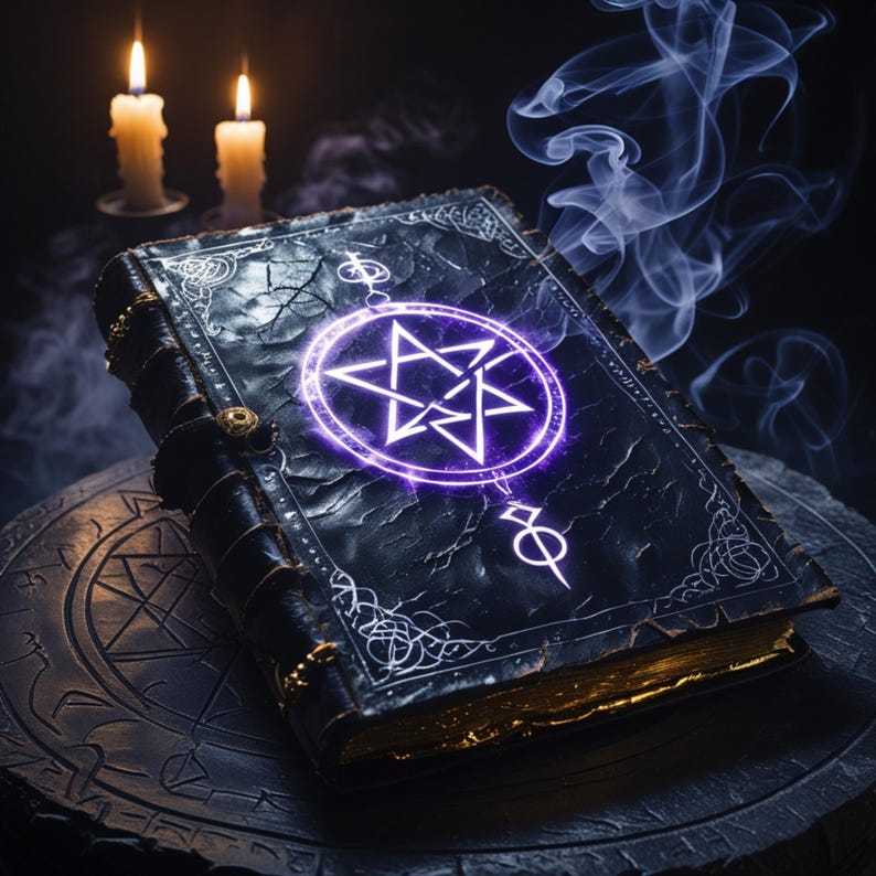 May include: A dark, leather-bound book with a glowing purple pentagram on the cover. The book is open, revealing gold-edged pages. Two lit candles and wisps of smoke add to the mystical atmosphere. The book rests on a decorative, circular surface.