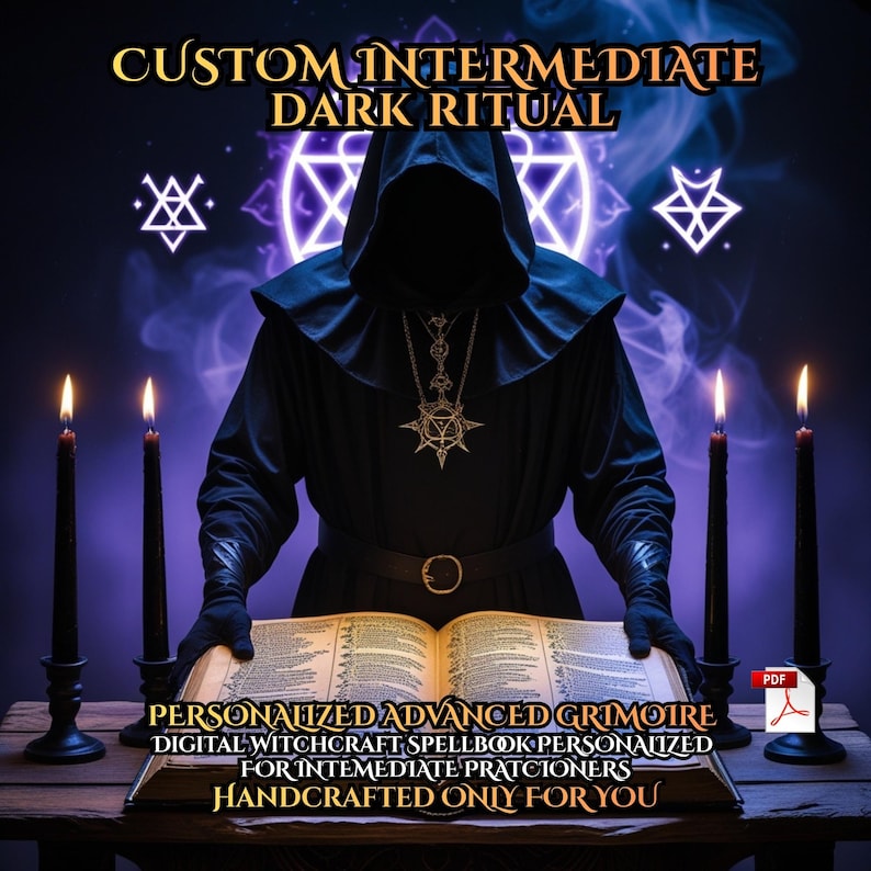 May include: An image featuring a robed figure with a hood, holding an open book. The text reads "CUSTOM INTERMEDIATE DARK RITUAL" and "PERSONALIZED ADVANCED GRIMOIRE". Lit candles and mystical symbols are also present, creating a dark, occult theme.