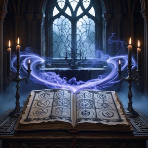 May include: An open, aged book with mystical symbols, illuminated by candles in ornate holders. Blue energy emanates from the book, creating an ethereal glow. The scene is set in a gothic-style room with a large arched window.