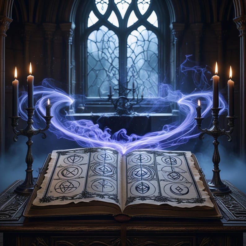 May include: An open, aged book with mystical symbols, illuminated by candles in ornate holders. Blue energy emanates from the book, creating an ethereal glow. The scene is set in a gothic-style room with a large arched window.