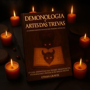 Könnte beinhalten: Ein Buch mit dem Titel "DEMONOLOGIA E ARTES DAS TREVAS" mit goldfarbenen Buchstaben, umgeben von brennenden orangefarbenen Kerzen. Das Buchcover zeigt Illustrationen dämonischer Figuren. Der Name des Autors, Ethan Graves, steht unten.