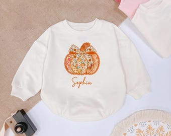 Custom Floral Pumpkin Baby Outfit, Matching Baby Bodysuit, Fall Season Baby Outfit, Retro Halloween Bubble Romper, Funny Shirt for Kids