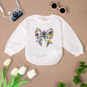 Coquette Mardi Gras Bubble Romper, Fleur De Lis Baby Shower, King Cake Baby Bodysuit, Matching Baby Outfits, Funny Shirt for Kids