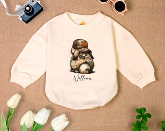 Egg Hunter Bunny Baby Outfit, Boy Bunny With Backwards Cap Baby Romper, Camo Easter Bunny Baby Clothes, Cute Baby Gift, Funny Shirt for Kids