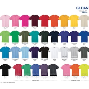May include: A selection of Gildan Premium Cotton t-shirts in a variety of colours, including pink, green, blue, and black. The image displays a spectrum of hues, from light pastels to vibrant shades, with each shirt neatly arranged. The shirts are short-sleeved.