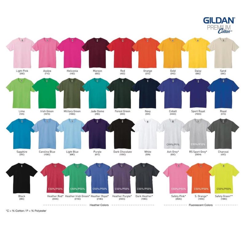 May include: A selection of Gildan Premium Cotton t-shirts in a variety of colours, including pink, green, blue, and black. The image displays a spectrum of hues, from light pastels to vibrant shades, with each shirt neatly arranged. The shirts are short-sleeved.