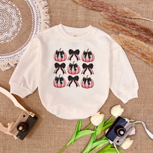 Pumpkin Coquette bow baby romper, retro halloween romper, trending , Gothic , black bow baby soft girl , Pumpkin girly romper sweatshirt