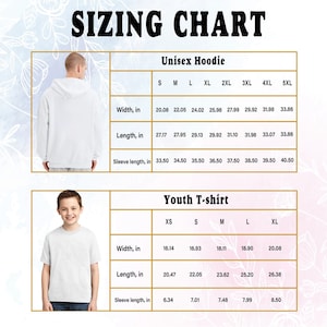 May include: A sizing chart for unisex hoodies and youth t-shirts. The chart provides measurements in inches for width, length, and sleeve length. The image shows a white hoodie and a white t-shirt. Measurements are provided for sizes XS to 5XL.