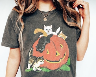 Vintage 90s Cat Halloween Shirt, Retro Halloween Shirt, Spooky Season Tee, Pumpkin Shirt, Cat Lover Shirt, Black Cat Shirt, Spooky Season