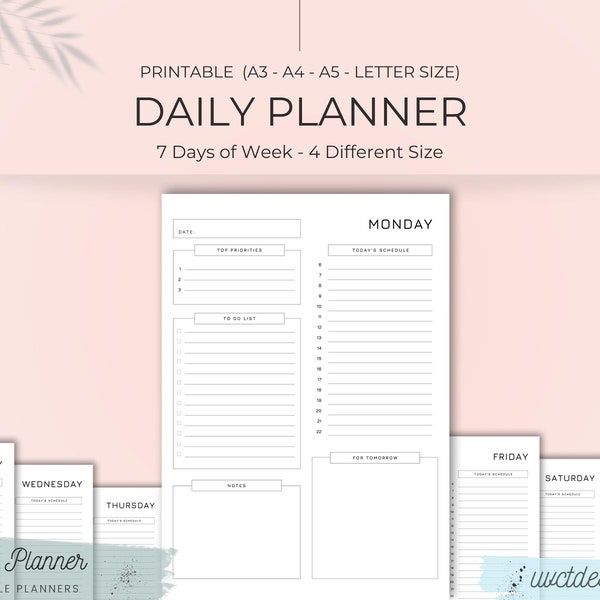 Minimal Daily Schedule Black and White Planner | A3 A4 A5 Letter size, Minimalist Vertical Planner 2023, Simple Printable Planner for Office