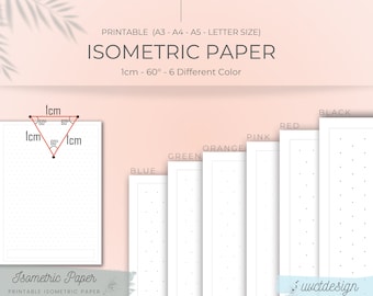 6 Digital Isometric Dot Paper Bundle, Digital Paper Templates | Printable Colored Isometric Paper | 1 cm 60 Degrees | A3/A4/A5/Letter