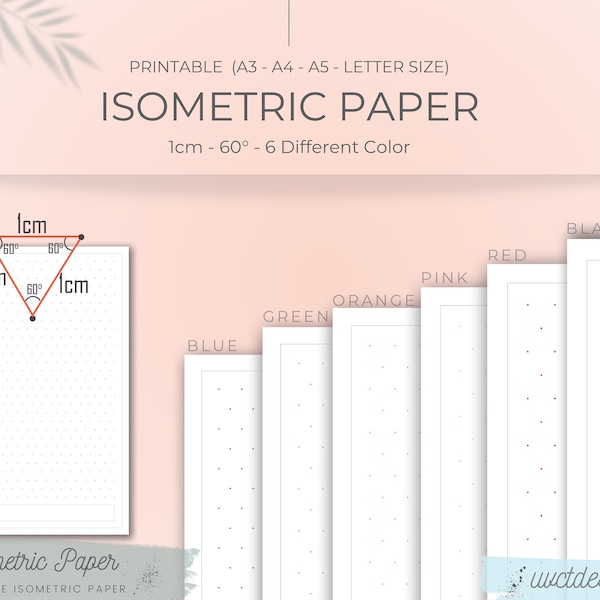 6 Digital Isometric Dot Paper Bundle, Digital Paper Templates | Printable Colored Isometric Paper | 1 cm 60 Degrees | A3/A4/A5/Letter