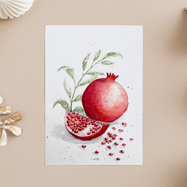 Weihnachtskarte "Granatapfel", Aquarell, Watercolor, selfmade, handgefertigt, Pomegranate