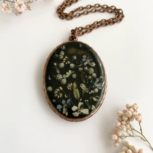FLORAL COPPER PENDANT - Antique copper real colorful pressed flowers and resin statement pendant, resin dark floral necklace