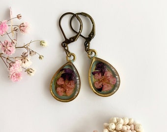 ABSTRACT FLORAL EARRINGS - Antic blue patina bronze real colorful pressed flowers and resin earrings, resin golden floral earrings.