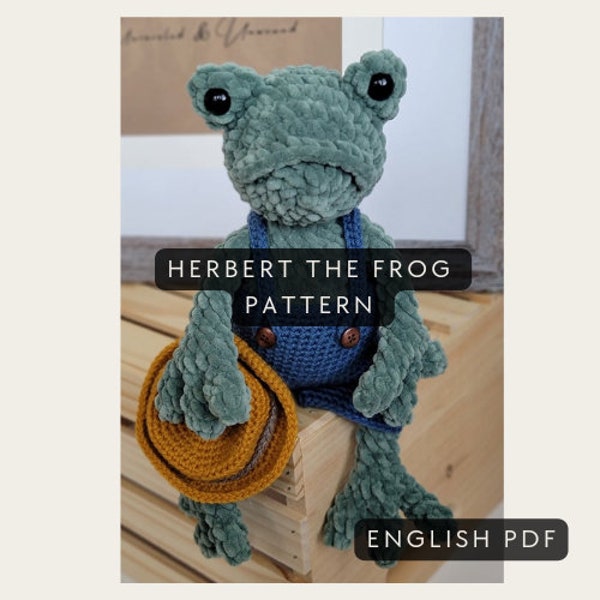 Pattern: Herbert the Frog Crochet Pattern, crochet frog pattern, frog pattern, frog, doll pattern, overalls, low sew pattern, hat, no sew