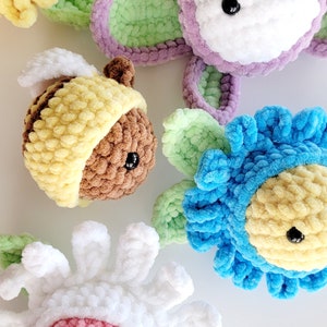No Sew - Mini Stress Ball Buddies Garden Serie Häkelanleitung, Gänseblümchen, Sonnenblume, Vergissmeinnicht, Wespe, Schnellmarkt, Easy Make, Blume, Biene
