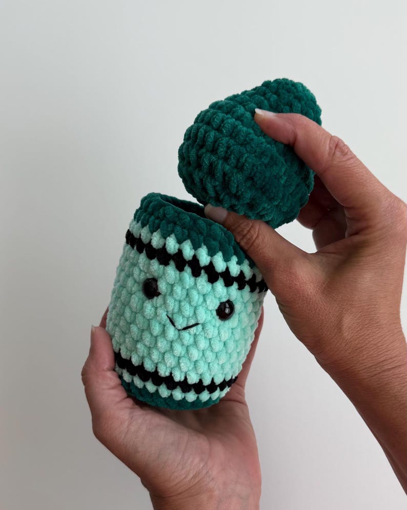 May include: A crocheted plush toy shaped like a crayon with a removable cap. The body is light mint green with dark green and black horizontal stripes, featuring two black plastic eyes and a stitched mouth. The cap is a dark green textured yarn.