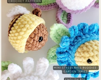 Patrón: Mini Stress Ball Buddies Garden Series - Patrón de crochet sin costura, Margarita, Girasol, No me olvides, Avispa, Mercado rápido, Fácil de hacer