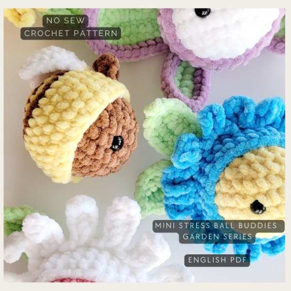 Muster: Mini Stress Ball Buddies Garden Series – Häkelmuster ohne Nähen, Gänseblümchen, Sonnenblume, Vergissmeinnicht, Wespe, Schnellmarkt, einfach herzustellen