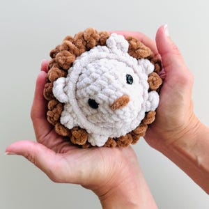 May include: A handmade crochet hedgehog toy in white and brown. The hedgehog has a white face with black eyes and a brown nose. The body is a mix of white and brown yarn, creating a soft, textured appearance. The toy is held in two hands.