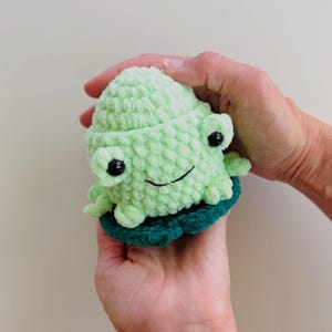 May include: A handmade, light green crocheted turtle plushie with black eyes and a smiling mouth. The turtle has a dark green base and is held in two hands. The plushie is a soft, textured toy.