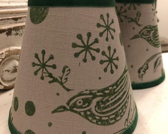 Hand printed woodblock bird candle lampshade in green