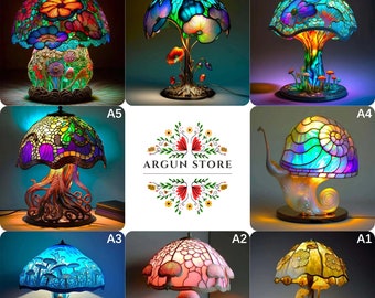 Vintage Stained Glass Plant Series Table Lamps Mushroom Snail Octopus Resin,Mushroom Table Lamp| Cute and Unique Mushroom Shaped Night Light