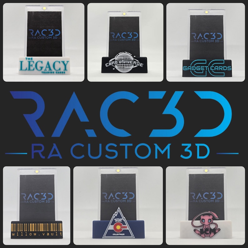 May include: A collection of clear acrylic display stands with the text "RAC3D - RA CUSTOM 3D" and various logos. Each stand holds a trading card and features a small light. The logos include "The Legacy", "Card Universe", and "Gadget Cards".