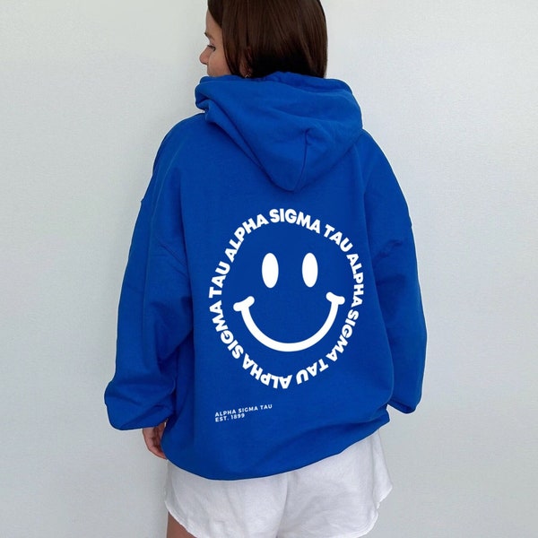 Alpha Sigma Tau Smiley Face Sorority Sweatshirt | Alpha Tau Sorority Apparel | Custom Sorority Hoodie