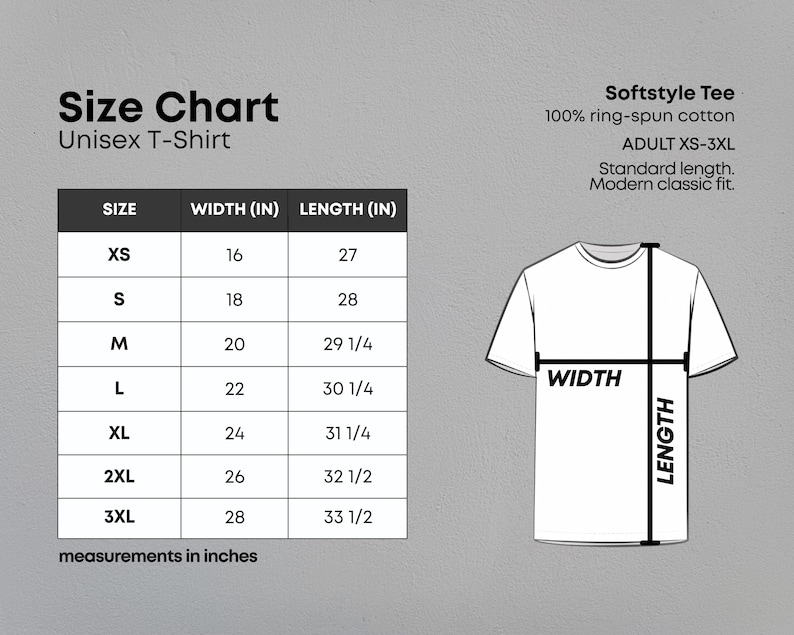 May include: A size chart for a unisex softstyle t-shirt made of 100% ring-spun cotton. The chart lists sizes from XS to 3XL with corresponding width and length measurements in inches, accompanied by a line drawing of a t-shirt showing measurement points.