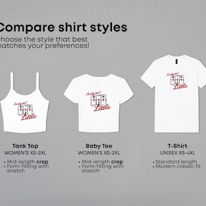 May include: A comparison chart of three white shirts featuring a slot machine graphic with the text Lucky me! Little. The styles include a tank top, a baby tee, and a t-shirt. The text labels indicate sizes ranging from XS to 4XL and fit descriptions.