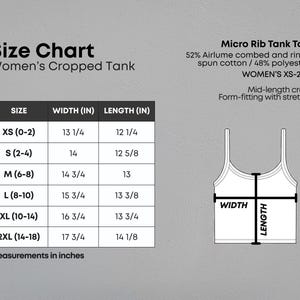 May include: A size chart for a micro rib tank top with a diagram showing width and length measurements in inches. The table lists sizes XS through 2XL with corresponding width and length dimensions. Text includes material composition and fit details.