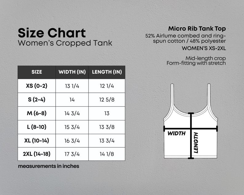 May include: A size chart for a micro rib tank top with a diagram showing width and length measurements in inches. The table lists sizes XS through 2XL with corresponding width and length dimensions. Text includes material composition and fit details.