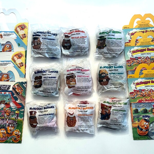 McNugget Buddies, 1988 McDonalds, 9 + 6 Boxes, Vintage/New, Corny, Snorkel, Cowpoke, Rocker, Boomerang, Drummer, Volley, First-Class, Sarge