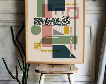 Soft Brutalism Print, Green Mid Century Modern Design Abstract Geometric Digital Download Art