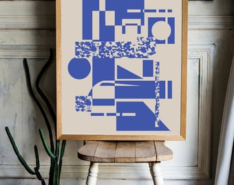 Soft Brutalism Print, Blue Mid Century Modern Design Abstract Geometric Digital Download Art