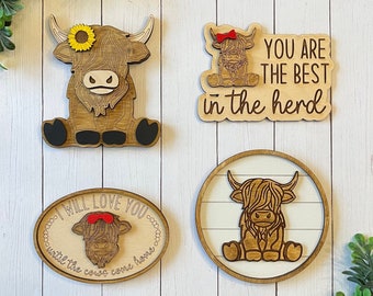 Highland cow mini sign, Tiered tray decor, Farmhouse, Mini signs, Farmhouse signs, Cow signs, Mini cow decor, Shelf sitter