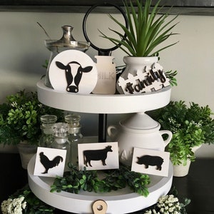 Farmhouse tiered tray decor, Tiered tray decor, Farmhouse decor, Tiered tray, Cow, Rooster, Pig, Wood sign, Farmhouse sign, Mini wood sign