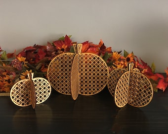 Rattan cane pumpkins, 3D pumpkins, Set of 3 pumpkins, Wood pumpkins, Fall decor, Halloween decor, Thanksgiving decor