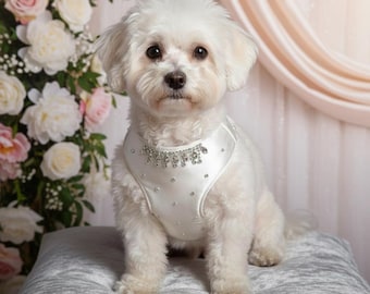 Dog Wedding Dress Harness, White Rhinestone Bridal Puppy Outfit