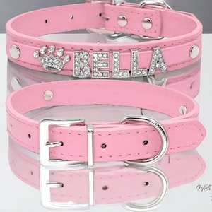 COLAR DE CÃO PERSONALIZADO Nome de cristal de strass e pedras preciosas de sua escolha lindo presente de aniversário de Natal em couro sintético fosco rosa ou preto