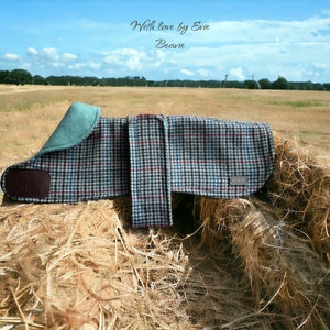 LUXURY DACHSHUND COAT jacket made from British tweed in hues of green blue burgundy wool handmade unique dog clothing gift boxed with love
