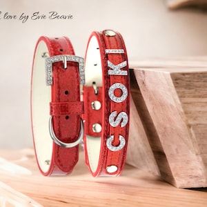 COLLAR PERSONALIZADO PARA PERROS, cristales de estrás, gemas con el nombre de su elección, hermoso cuero sintético rosa, negro y rojo brillante, regalo de cumpleaños y Navidad