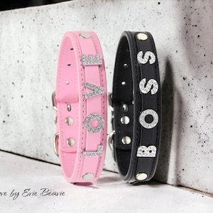 PERSONALISIERTE HUNDEHALSBAND Strass Kristall Name und Edelsteine Ihrer Wahl schönes rosa oder schwarz Matt Kunstleder Weihnachten Geburtstagsgeschenk
