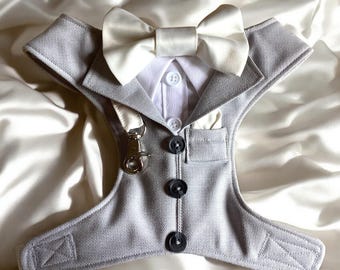 WEDDING DOG SUIT harness waistcoat ring bearer tuxedo gift special occasion custom made to order in your colours jacket bow tie hankerchief