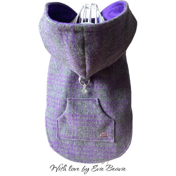 HOODED DOG JACKET coat in wool blend grey - purple check tartan design handmade quality lined with D ring - adjustable fastenings Xmas gift