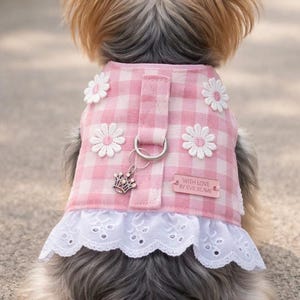 Pink Gingham Dog Harness, Daisy Crown, Broderie Anglaise Frill