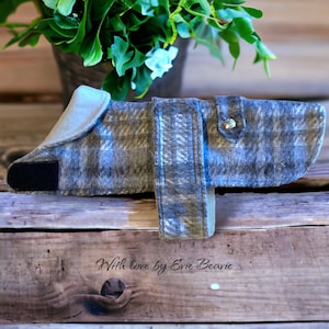 QUALITY DACHSHUND COAT blue grey tweed check brushed wool lined with silver grey wool custom handmade sausage dog jacket Christmas gift